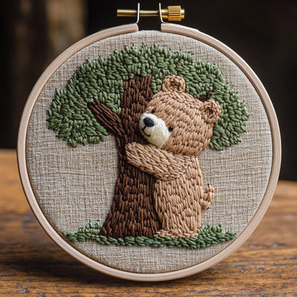Punch Needle kit for Beginners, Punch Stitching kit for Adults, Needle Punch Kits for Adults–Bear Hugging a Tree, Easy Craft for Beginners.