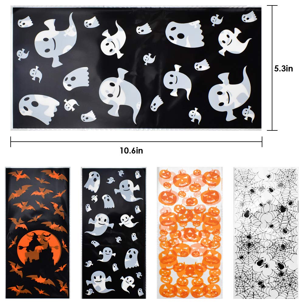 ERKOON Halloween Candy Bags 200pcs Pumpkin Spider Web Bat Ghost Print Treat Bags with Twist Ties for Halloween Party Supplies, Bulk Gift Bags for Trick-or-Treat
