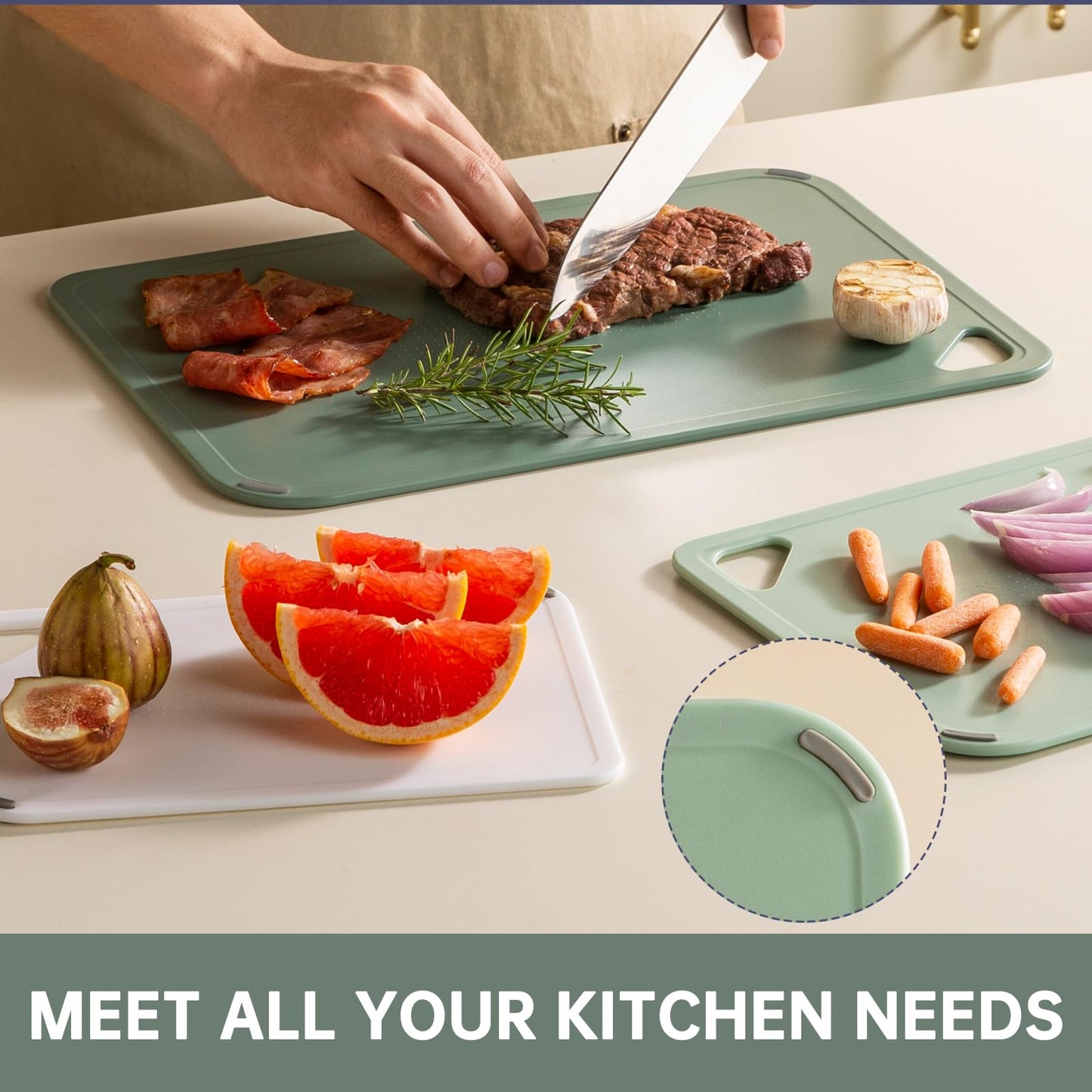 THETCHRY Plastic Cutting Board Set of 3-Cutting Boards for Kitchen BPA Free, Large-Small Chopping Boards Non-Slip for Cooking Camping Dishwasher Safe, Reversible, with Grip Handle, 15"×10"×0.6" Green