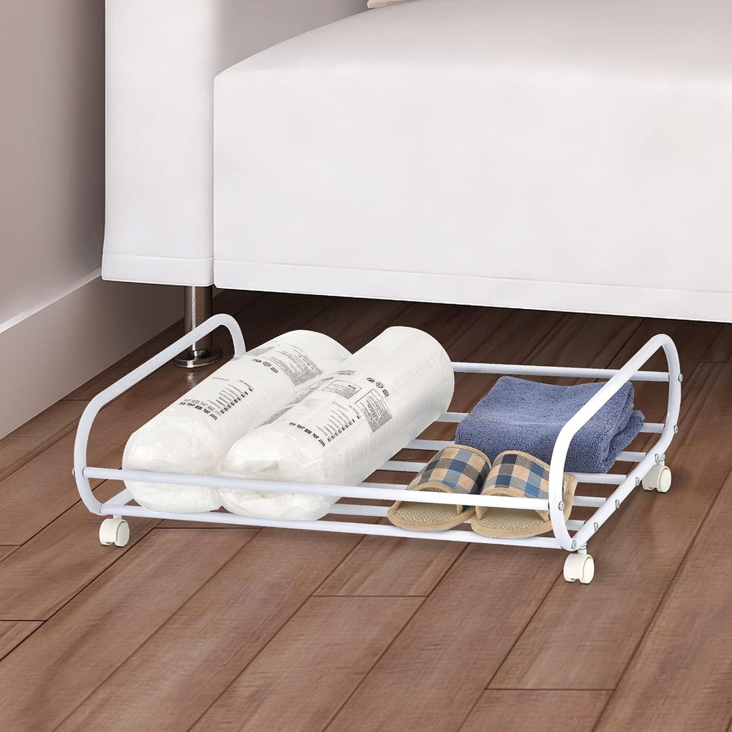 24-Inch MyGift Rolling Stainless Steel Silver Metal Under Bed Storage Cart, Space Saving Organizer Rotating Wheels