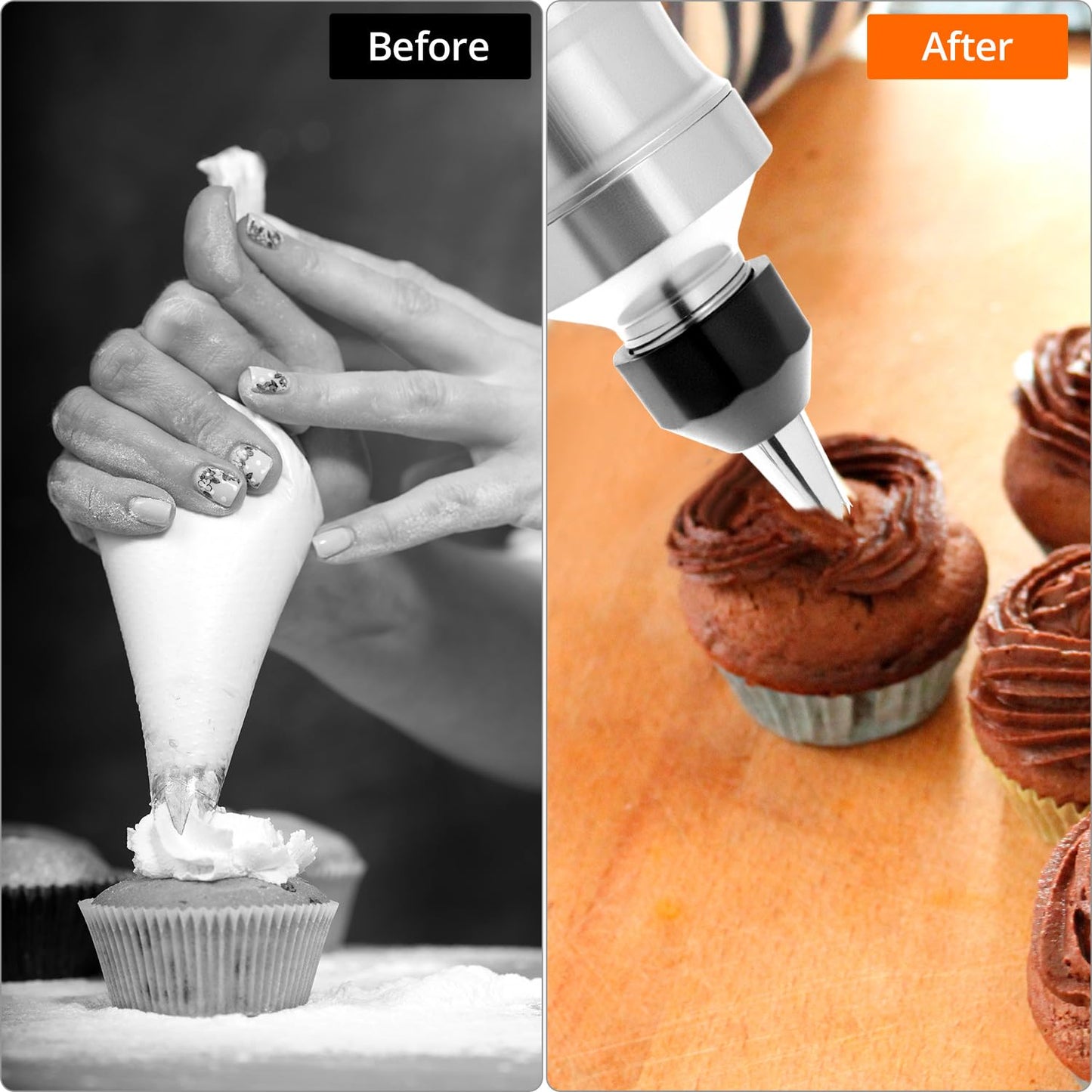 QWORK Dessert Decorating Syringe Set, 304 Stainless Steel Frosting Icing Piping Kit with 6 Replaceable Tips and 8 Silicone Cupcakes - Ideal for Cakes, Cupcakes, Cookies