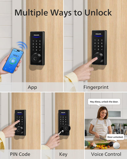 Philips Wi-Fi Smart Door Lock, Keyless Entry Door Lock with App Control,Fingerprint ID,Auto Lock,Keypad Deadbolt with Wi-Fi Bridge Adaptor,Smart Locks for Front Door-Matte Black