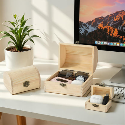 BAOPEND 3 Pieces Unfinished Wooden Storage Box with Lid and Latch, Decorative Treasure Chest for Jewelry Keepsakes Crafts, Natural Pine Wood Organizer for Home Office Gift (Small+Medium+Large)