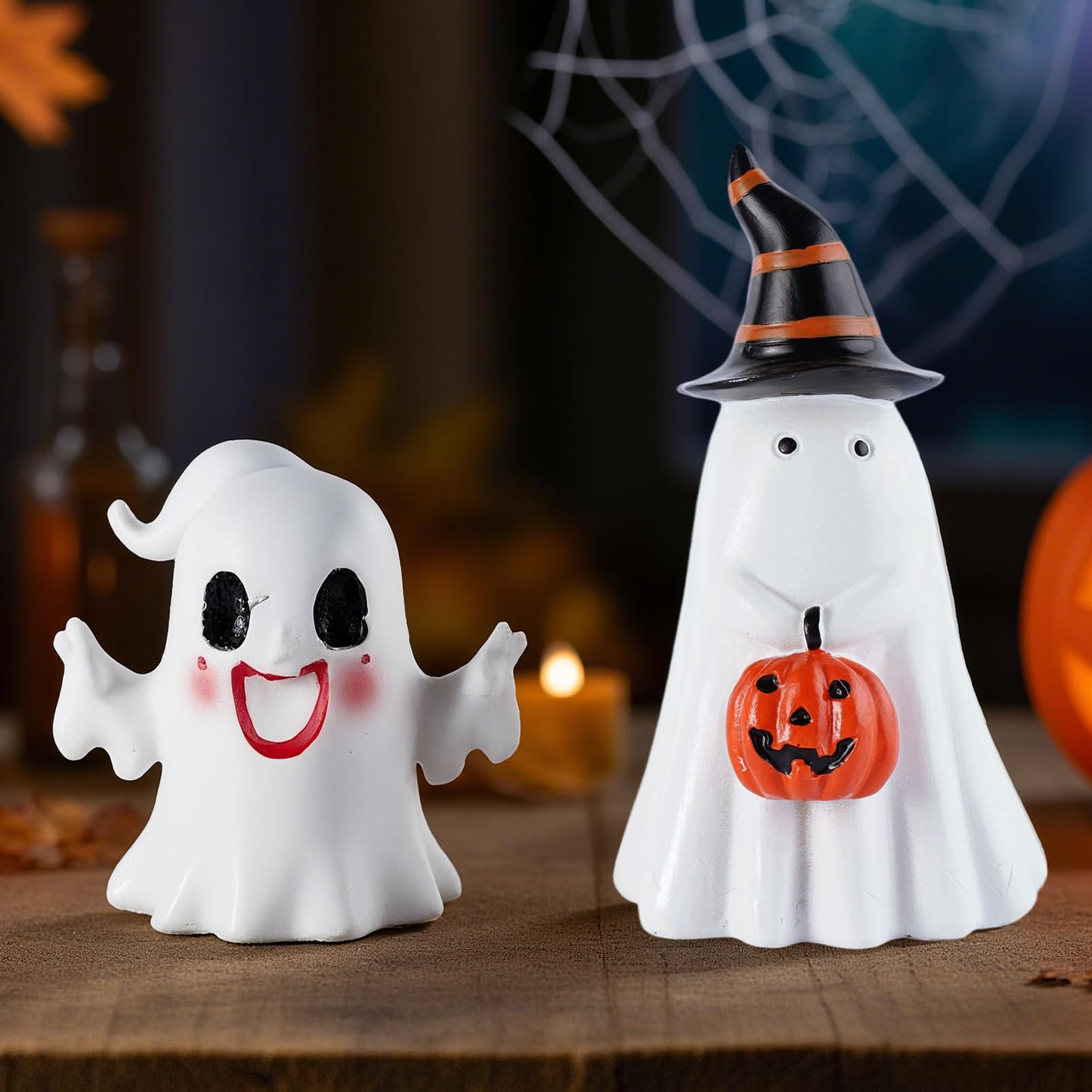 Brizoria Halloween Figurines Ghost Figurine with Witch Hat Spooky Halloween Decor Mini Ghost Figurines Collectible Figurines Resin Halloween Decorations Outdoor for Room Funny Office Decor