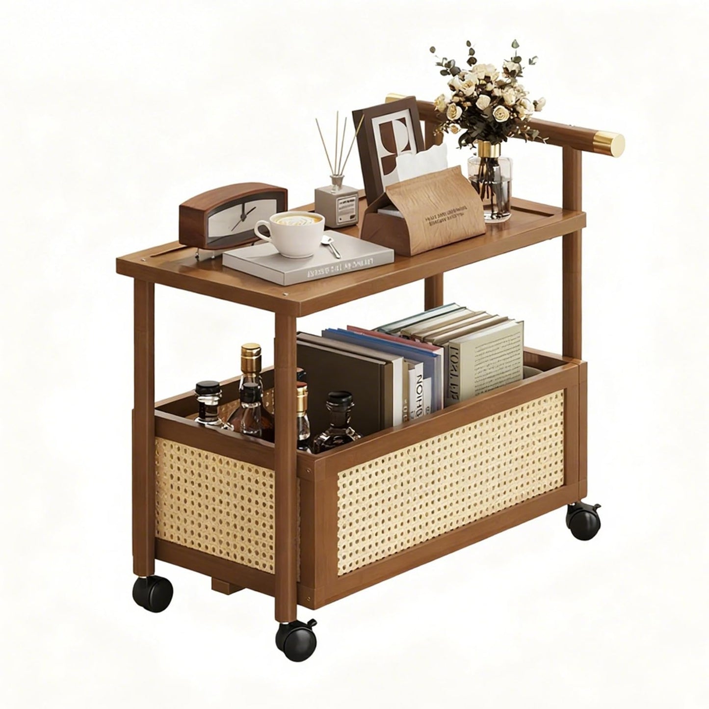 CTESNE【2-Tier Wooden Storage Organizer Shelf】 Bookcase with Wheels & Handle,Storage Shelves for Bathroom, Kitchen, Office, Craft, Makeup