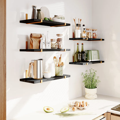 Fixwal Floating Black Gold Shelves Set of 5, Width 4.7 Inches, Rustic Wood Wall Storage Shelves for Bedroom, Living Room, Kitchen, Bathroom, Home Decor, Laundry Room, Office and Plants