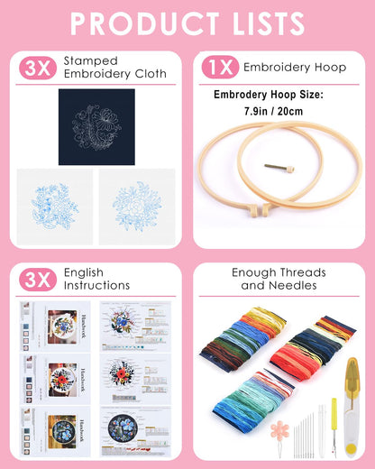 TINDTOP 3 Sets Embroidery Kit for Adults, Floral Embroidery Practice Kit for Beginners Include Embroidery Cloth Hoops Threads for Craft Lover Hand Stitch with Embroidery Skill Techniques