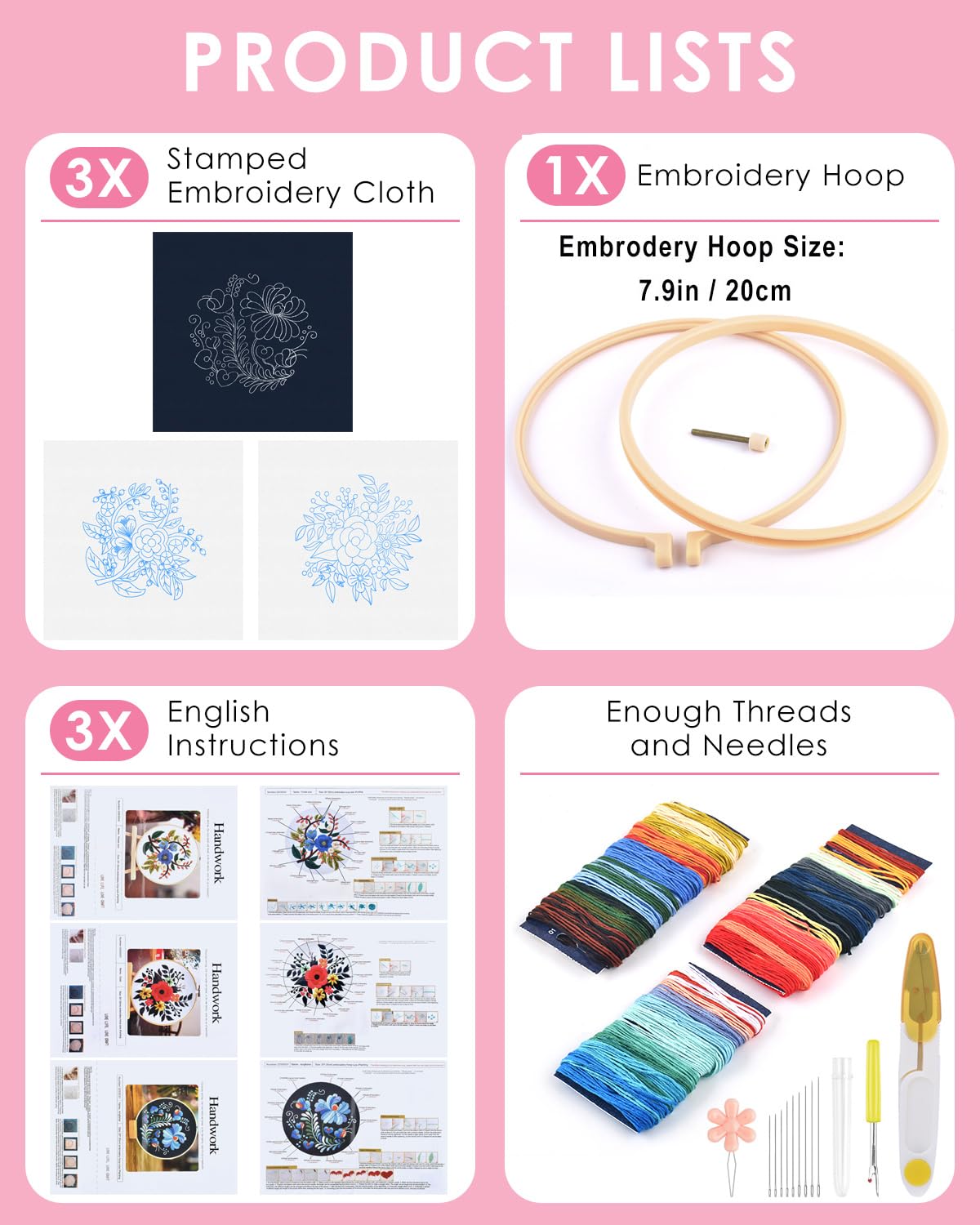 TINDTOP 3 Sets Embroidery Kit for Adults, Floral Embroidery Practice Kit for Beginners Include Embroidery Cloth Hoops Threads for Craft Lover Hand Stitch with Embroidery Skill Techniques