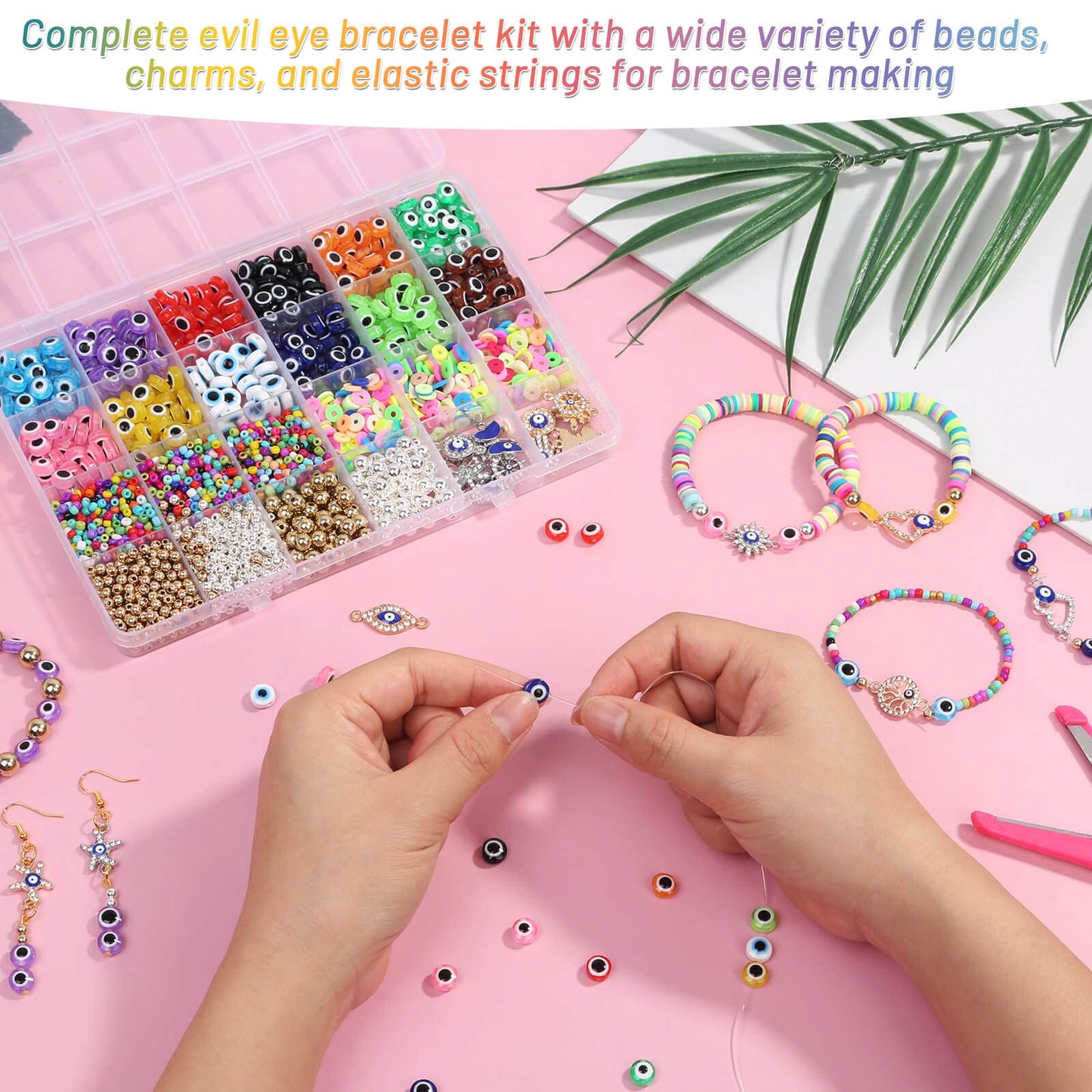 Acejoz 2702 Pieces Bracelet Making Kit, Including Evil Eye Beads, Evil Eye Charms, Assorted Beads and Elastic String for Bracelets