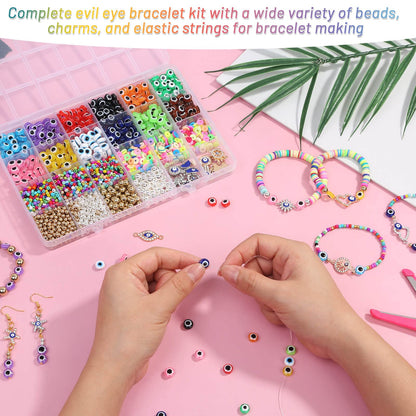 Acejoz 2702 Pieces Bracelet Making Kit, Including Evil Eye Beads, Evil Eye Charms, Assorted Beads and Elastic String for Bracelets