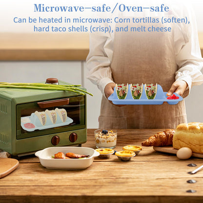 Klyrnd Silicone Taco Holder Set of 2, Reusable Taco Plate with Dividers for Hard & Soft Shells - Microwave & Dishwasher Safe Serving Stand (Blue Green)