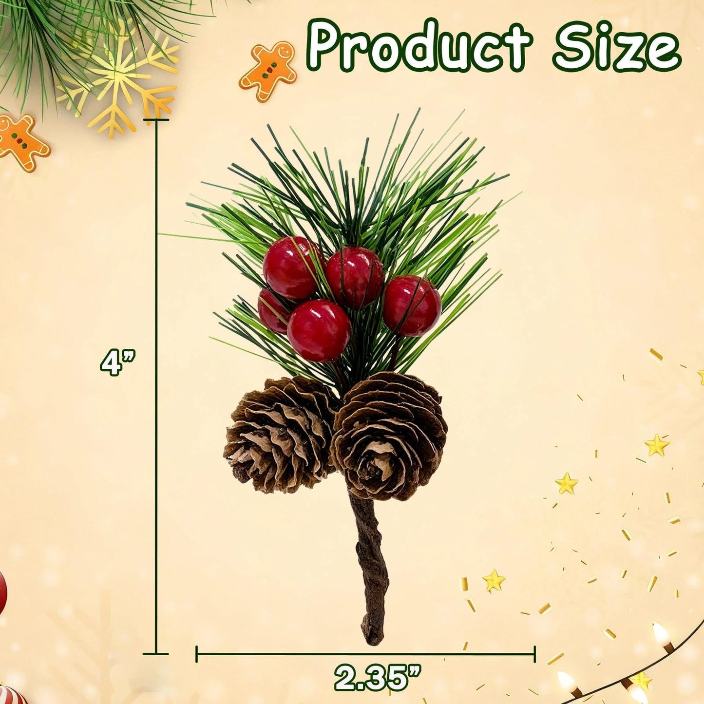 Tebiefat 30 Pcs Artificial Pine Cone Red Berry Picks Stems, Small Fake Holly Berries Needles Branches with Pinecones Christmas Floral Leaves for Crafts Vase Xmas Tree DIY Holiday Decor