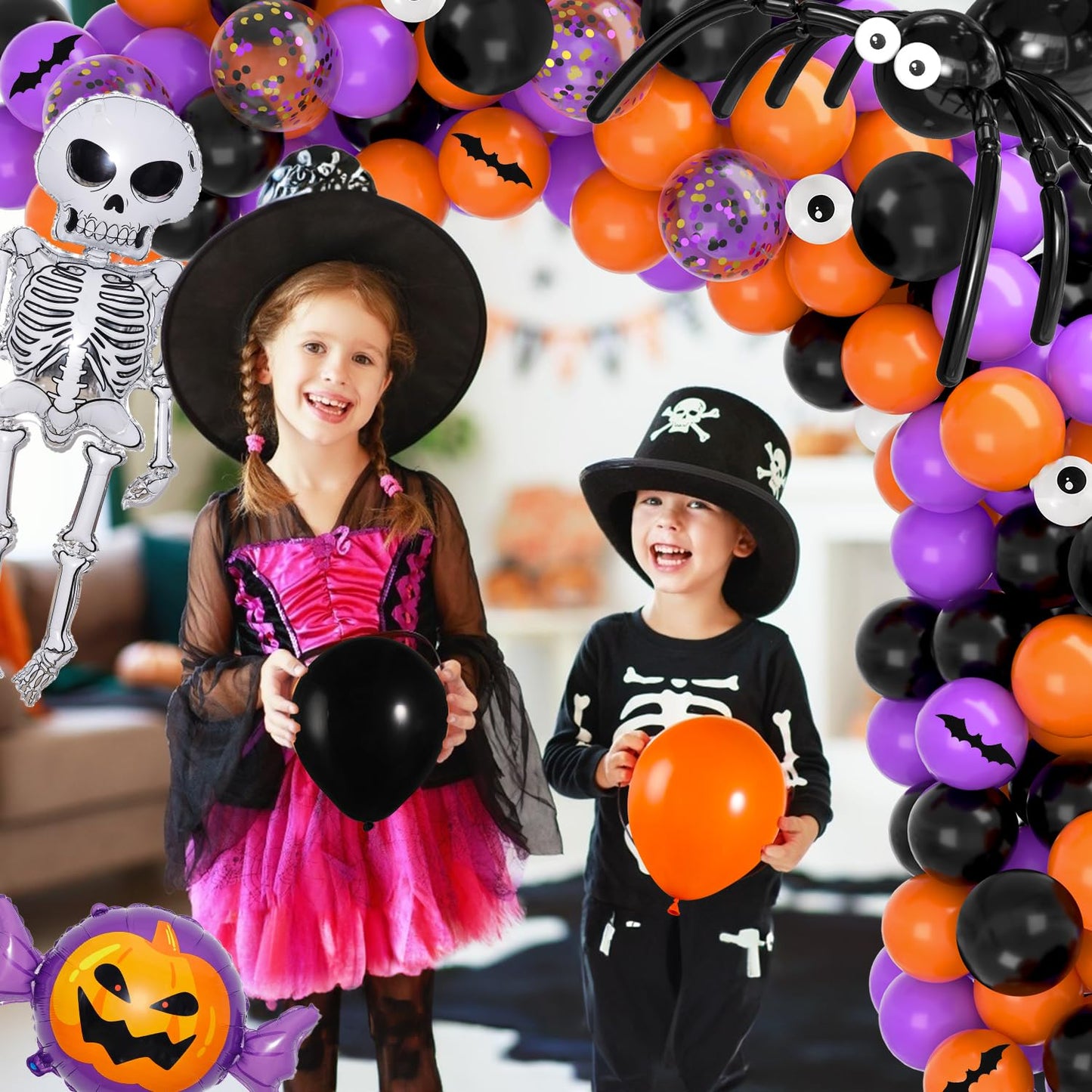 Garma Halloween Balloons Garland Arch Kit, 129pcs Black Orange Purple Balloon Decorations with Confetti Balloon Pumpkin Skeleton BOO Foil Balloons for Halloween Decorations Outdoor Party Supplies