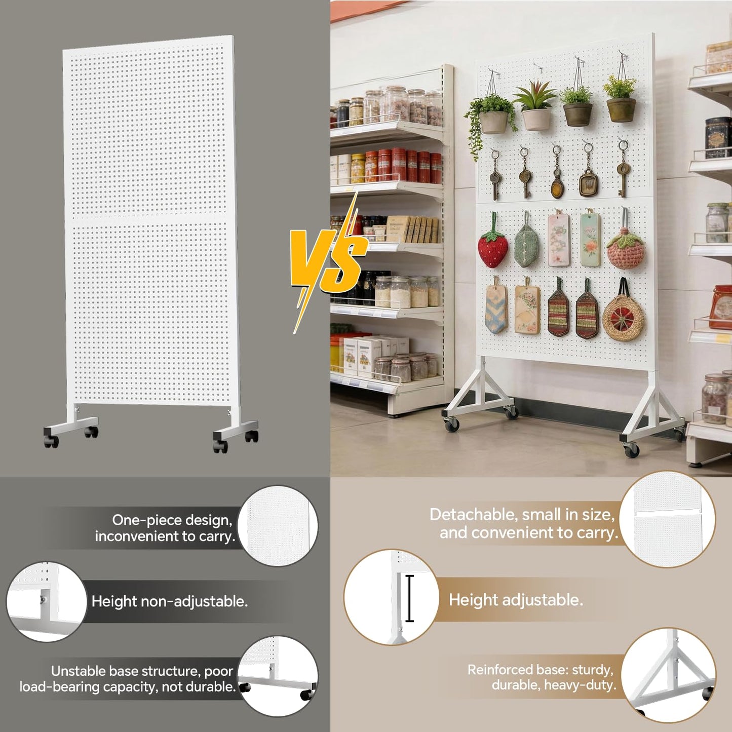 Giklux Metal Pegboard Display Stand 3.5 x 5.5 Feet, Adjustable Height with 40 Peg Board Hooks and Wheels, Pegboard Display Rack, Craft Display Rack, Retail Display Rack, Garage Peg Board