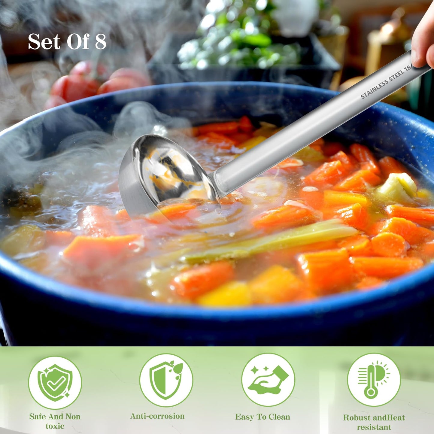 BARAFAT 8pcs Stainless Steel Ladle 2 Oz Soup Ladle 10" long Spoon Heavy-Duty Metal Spoon Sets big spoons for cooking Serving Soups, Gravy, Portioning, Stirring
