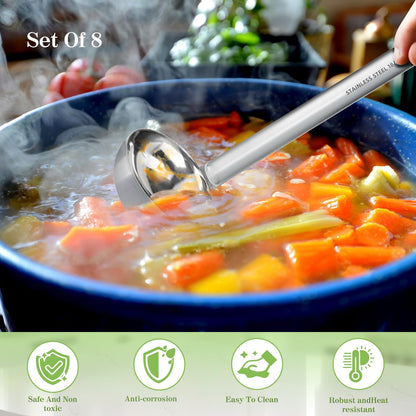 BARAFAT 8pcs Stainless Steel Ladle 2 Oz Soup Ladle 10" long Spoon Heavy-Duty Metal Spoon Sets big spoons for cooking Serving Soups, Gravy, Portioning, Stirring