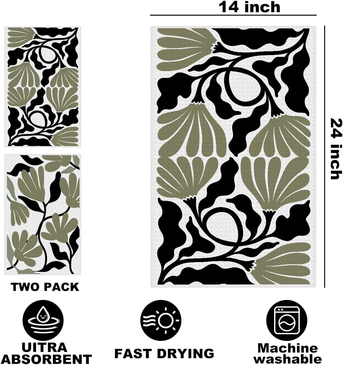 Jztco 2Pcs 24x14 Inch, Abstract Floral Kitchen Towels Boho Style Sage Green Flower Hand Towels for Kitchen Home Decor