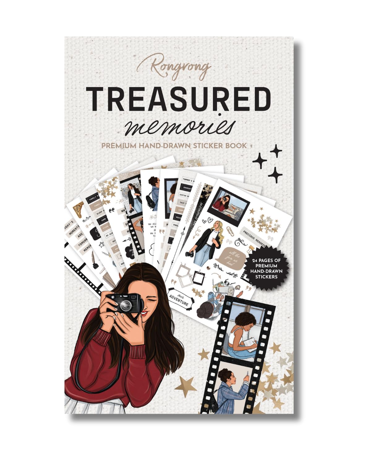Rongrong Treasured Memory Sticker Book – 24 Pages of Vintage-Inspired Stickers for Journals, Planners & Scrapbooks – Neutral Tones, Handwritten Notes, Quotes & Photo Frame Stickers