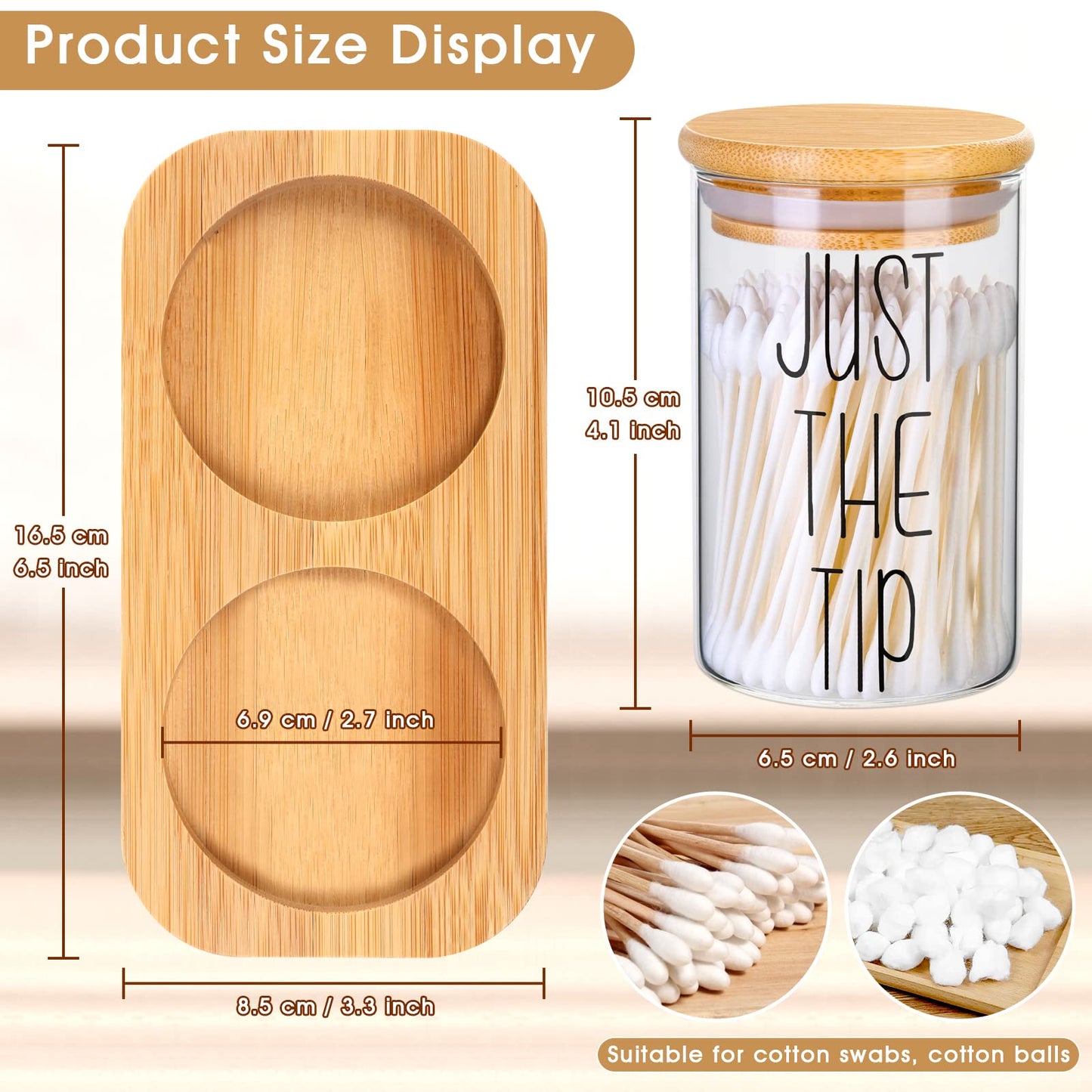 Funny Qtip Holder Dispenser 2 Pack Glass Apothecary Jars Canisters with Tray, Cotton Ball Qtip Holder Bathroom Set with Bamboo Lids for Cotton Swab Farmhouse Bathroom Storage Organization