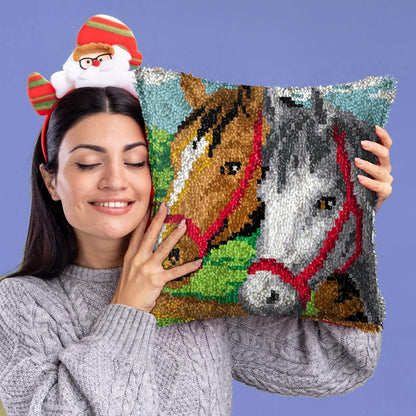 DL-YTG Latch Hook Kits Pillow Horse Crochet Yarn Cushion Colour Pre-Printed Canvas Rug Needlework DIY Pillowcase Hook and Latch Kit Christmas Home Arts Crafts Sofa Decoration 42x42cm/17 X17