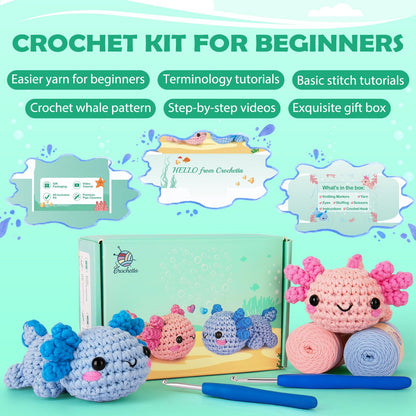 Crochetta Crochet Kit for Beginners, Beginner Crochet Starter Kit w Step-by-Step Video Tutorials, Learn to Crochet Kits for Adults Women Men, DIY Knitting Supplies, Axolotls (Blue and Pink)