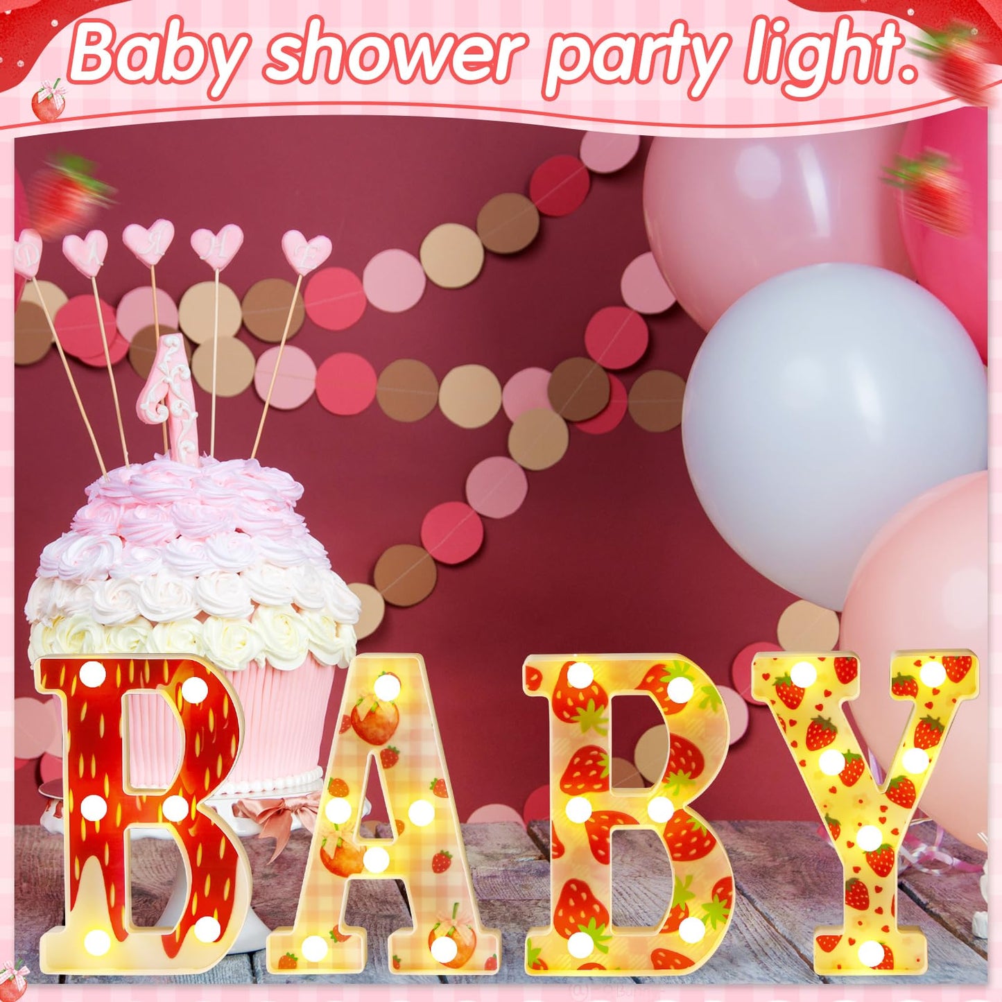 Realspring Baby Shower Sign Babe Marquee LED Letters Battery Operated Light up Centerpieces Glowing Home Table Party Decor for Boy Girl Gender Reveal Birthday, 8.26''(Strawberry,Red)