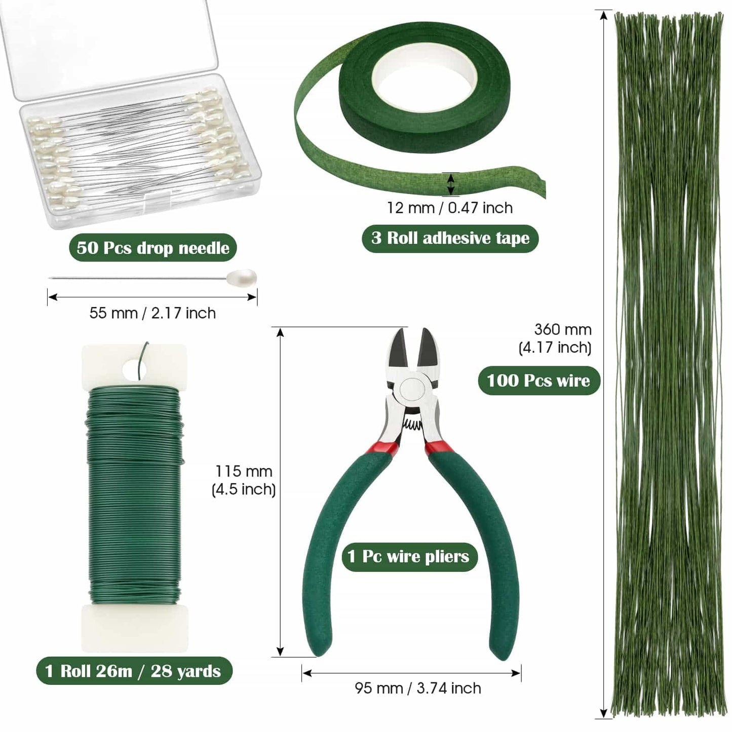 PAXCOO Floral Arrangement Kit with Green Tape and Wire, Boutonniere Flower pin, Wire Cutter for Wreath Making Supplies