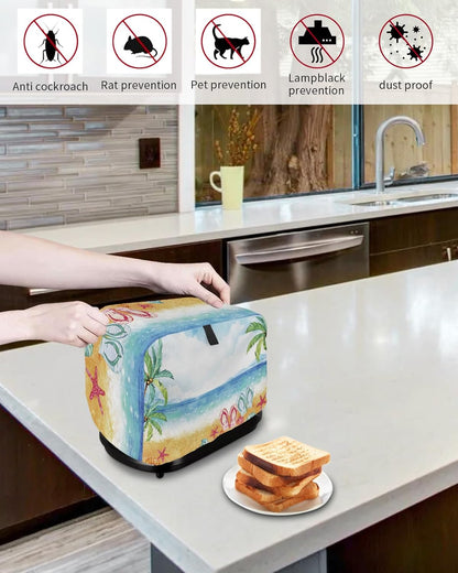 Toaster Dust Cover with Pockets, Watercolor Beach Coconut Tree Design, Soft Washable 4 Slice Dust-proof Cover