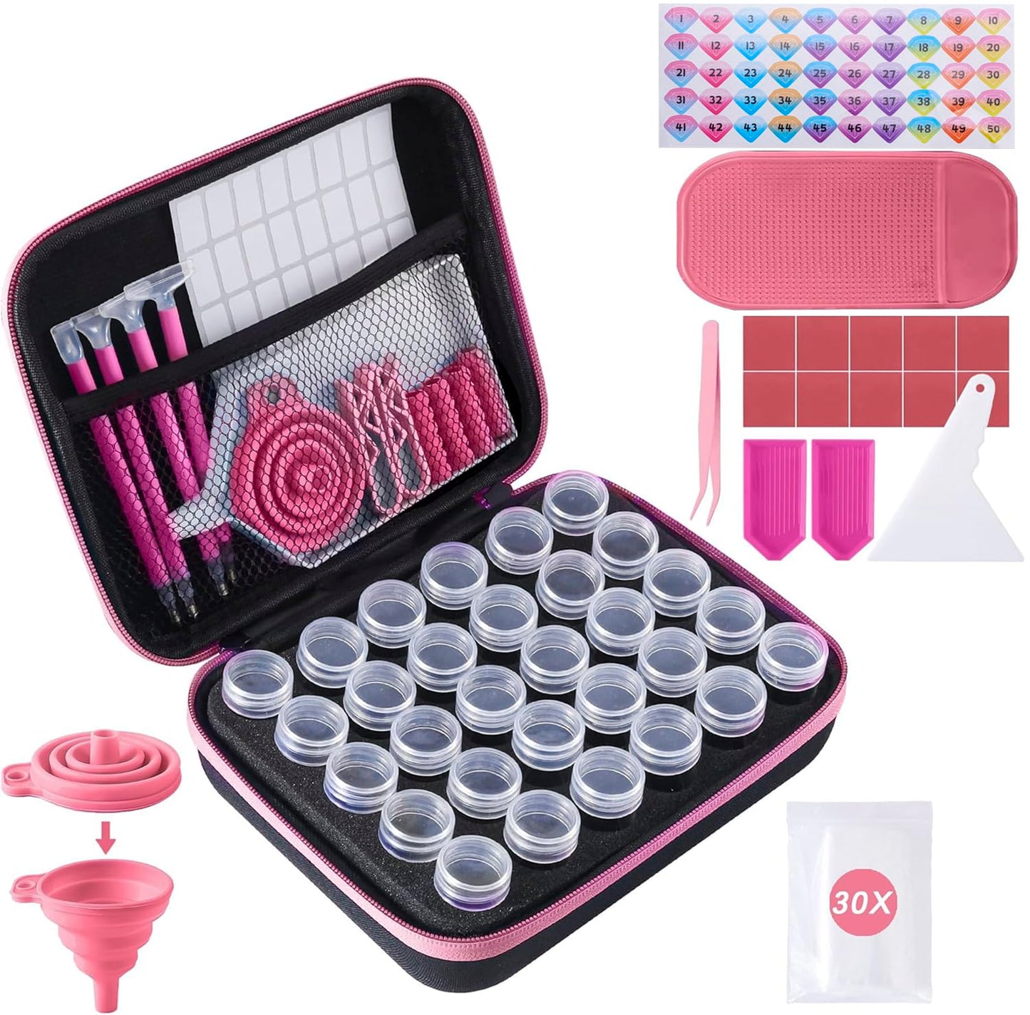 LYMUSUMI 30 Slots Diamond Art Storage Containers for Adults Portable Bead Storage Boxes for Diamond Painting Accessories and Tools（Pink）