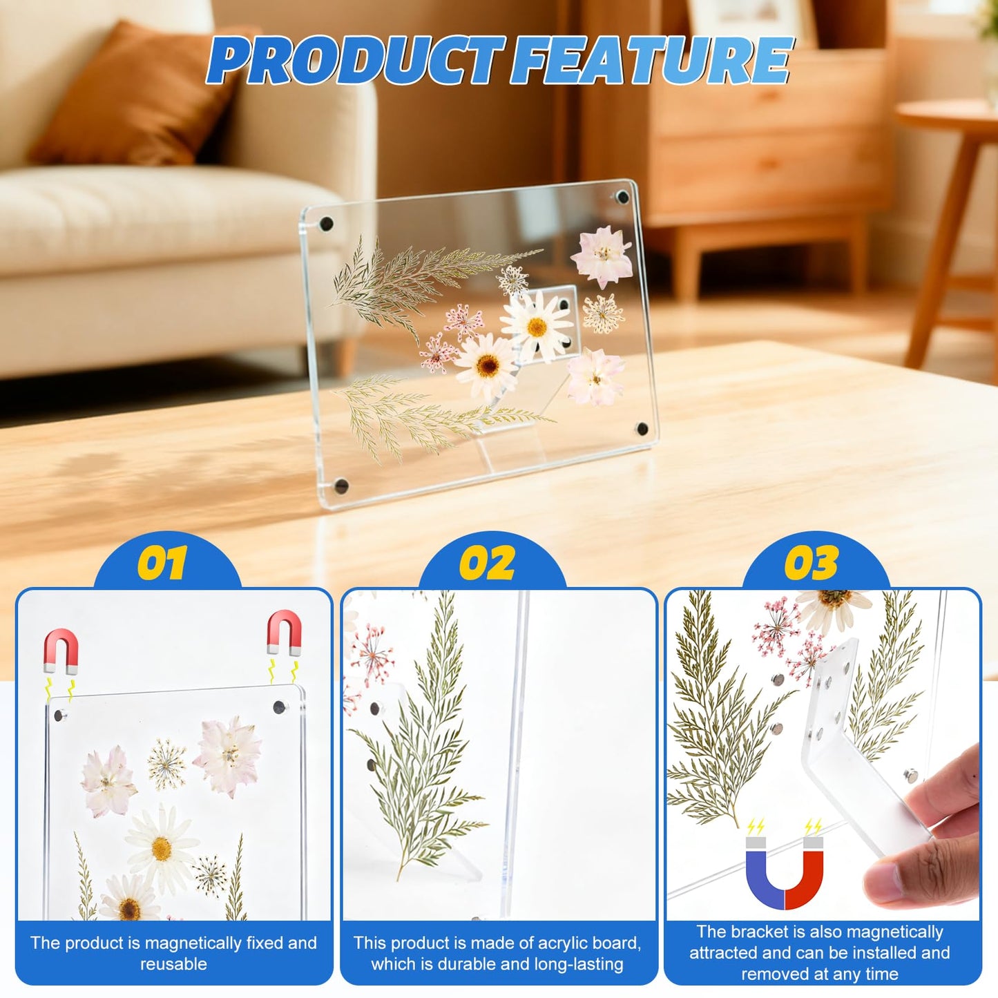 Cnbnd Clear Acrylic Magnetic Pressed Flower Frame, Double Panel Floating Frame for Dried Flower Display, Easy-Open Magnetic Acrylic for DIY Art, Home & Office Wall Décor Gift(Transparent 2Pcs, 5X7in)