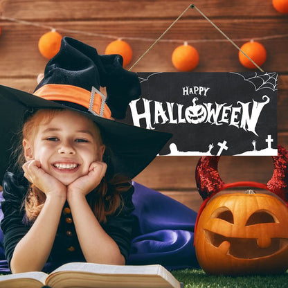 GLLBTPT Halloween Wood Hanging Sign Happy Halloween Decor Sign Spiderweb Sign for Front Door Halloween Decorations Outdoor, Halloween Party Decorations