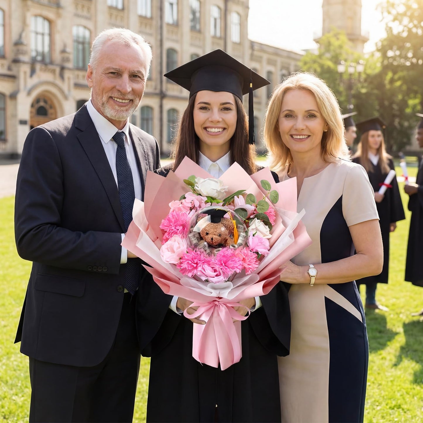 Soulchen Graduation Money Flower Bouquet Kit for DIY Handmade Graduations Balloon Bouquet Artificial Flower Gift for School, College Grad Ceremony for Her Him Grad Party Gifts Favors(Cute,Pink)