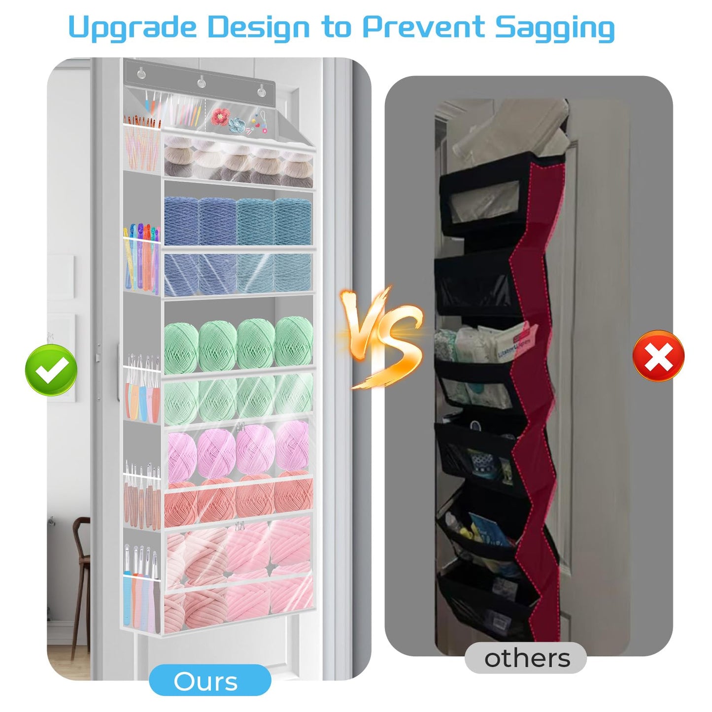 Mdoker Hanging Yarn Storage Organizer with Zippered Closure Compartments Large Capacity Crochet Storage Organizer,Transparent Over the Door Hanging Bag for Knitting Supplies