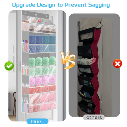 Mdoker Hanging Yarn Storage Organizer with Zippered Closure Compartments Large Capacity Crochet Storage Organizer,Transparent Over the Door Hanging Bag for Knitting Supplies