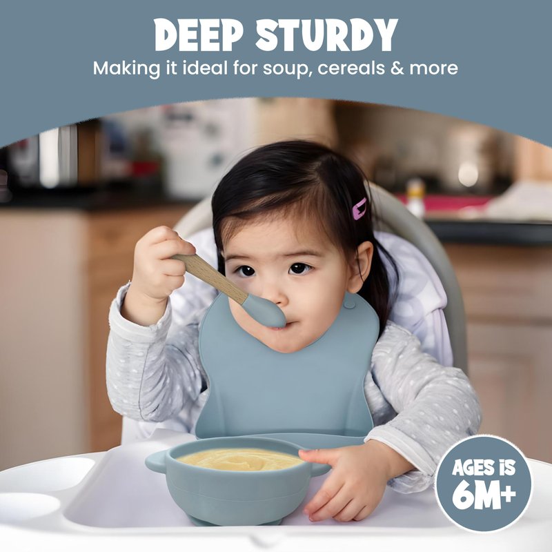Baby Feeding Essentials, Baby Led Weaning Supplies, Silicone Baby Feeding Set, with Baby Spoon, Fork, Baby Bib, Sippy Cup, Suction Plate, Suction Bowl, Baby Eating Essentials, 6+ Months (Dusty Blue)