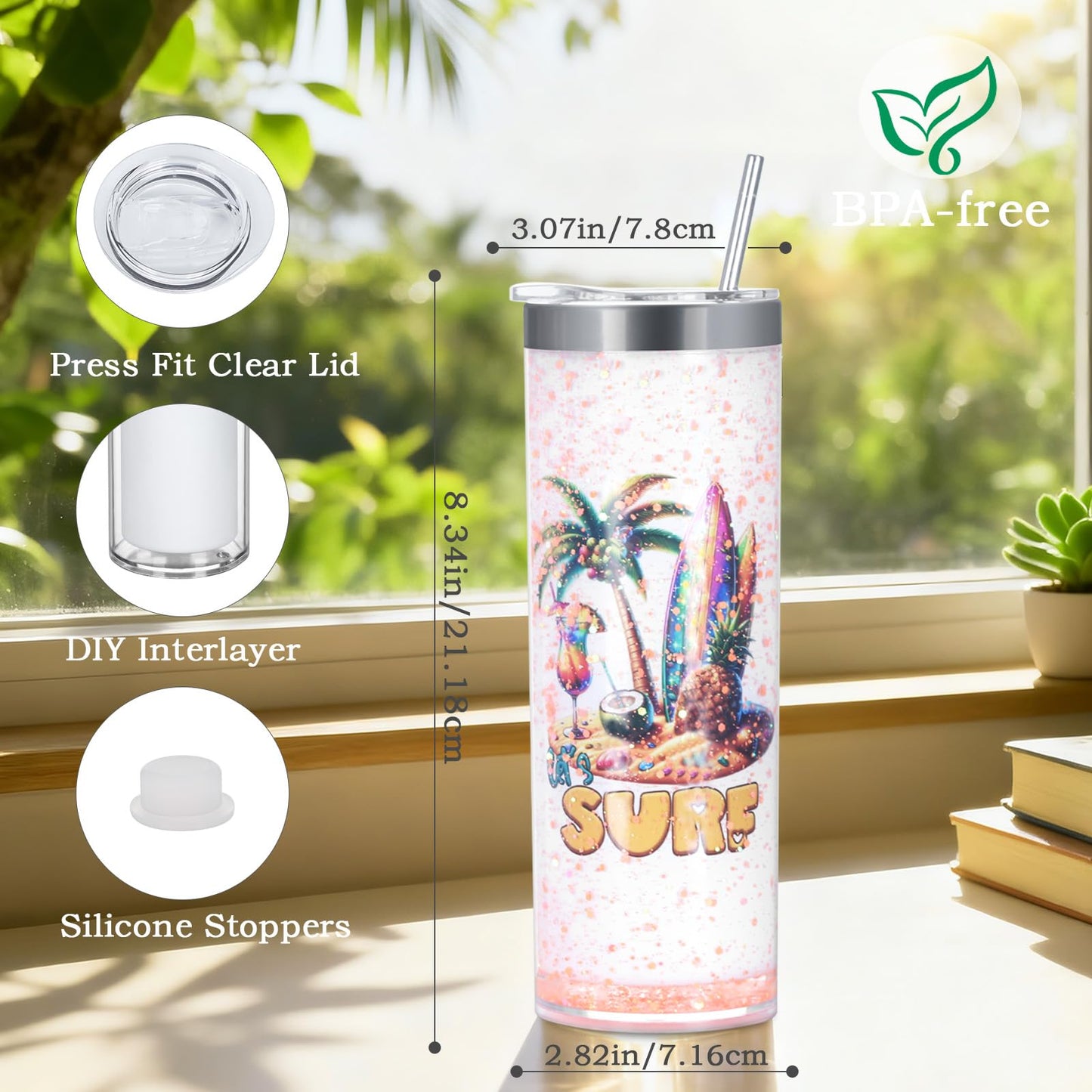 20 Oz 8 Pack Double Wall Pre Drilled Sublimation Storyboard Snow Globe Tumbler, Inner Stainless Steel Outer Plastic Insulated Storyboard Cups, DIY Interlayer for Glitter Storyboard Tumbler Gifts