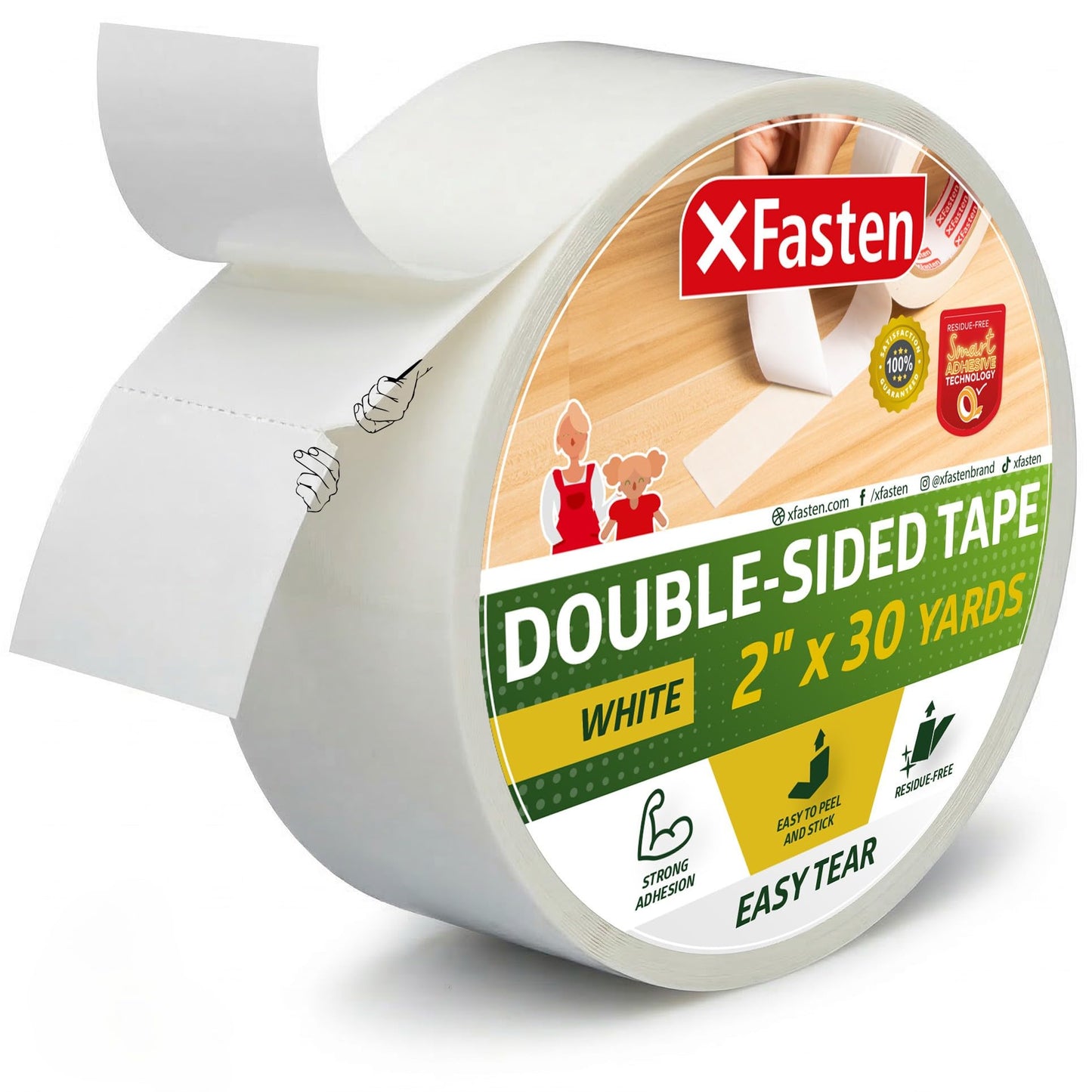 XFasten Tear-by-Hand Double Sided Tape, 2-inch by 30-Yard, Easy Tear for DIY Crafts, Woodworking and Carpet Installation