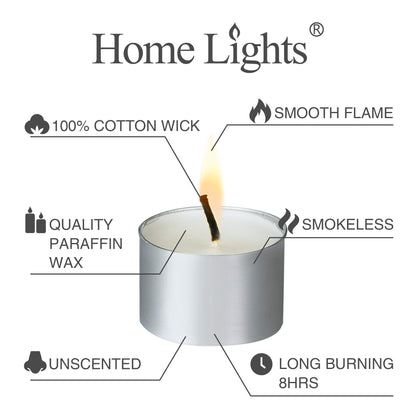 HomeLights Tealight Candles - 8 Hour Long time Burning, Giant 100,200,300 Packs -White Votive Smokeless European Tea Light Unscented Candles for Shabbat, Weddings, Christmas,Home Decorative -200 Pack