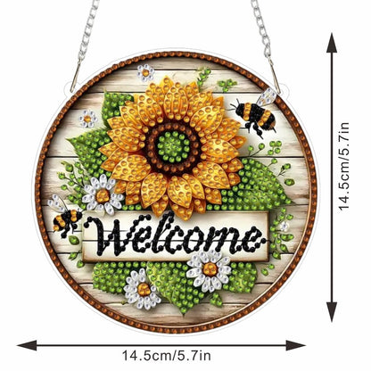 STGLCR DIY Welcome Wreath Acrylic Diamond Art Painting Kits Special Shaped Rhinestone Round Flower Bee Diamond Art Window Pendants Hanging Kits Mosaic Making Kits by Number Kits for Home Garden Wall