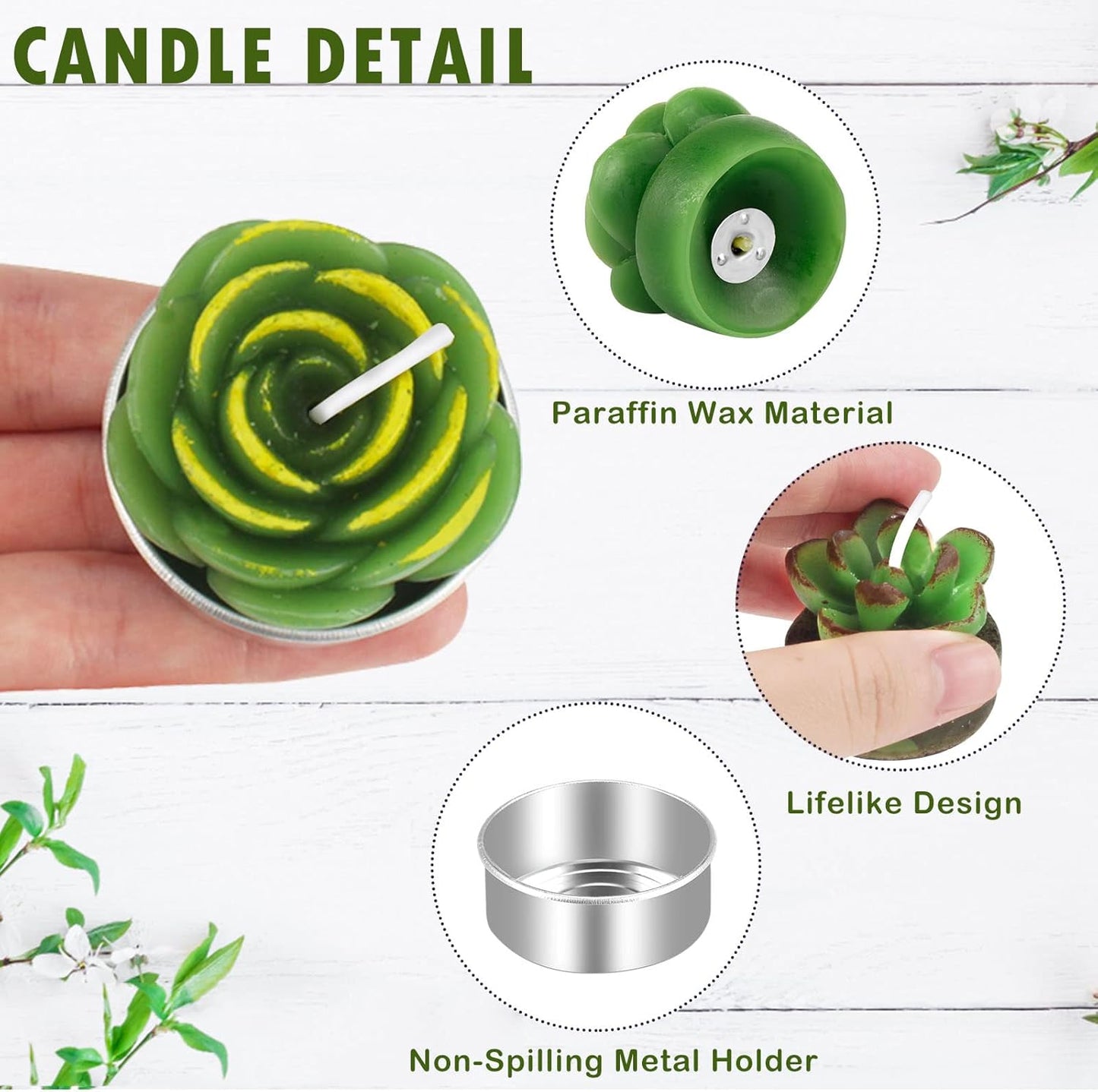 Outee 12 Pcs Handmade Cactus Tealight Candles - Delicate Succulent Candle Mini Tea Lights for Home Décor