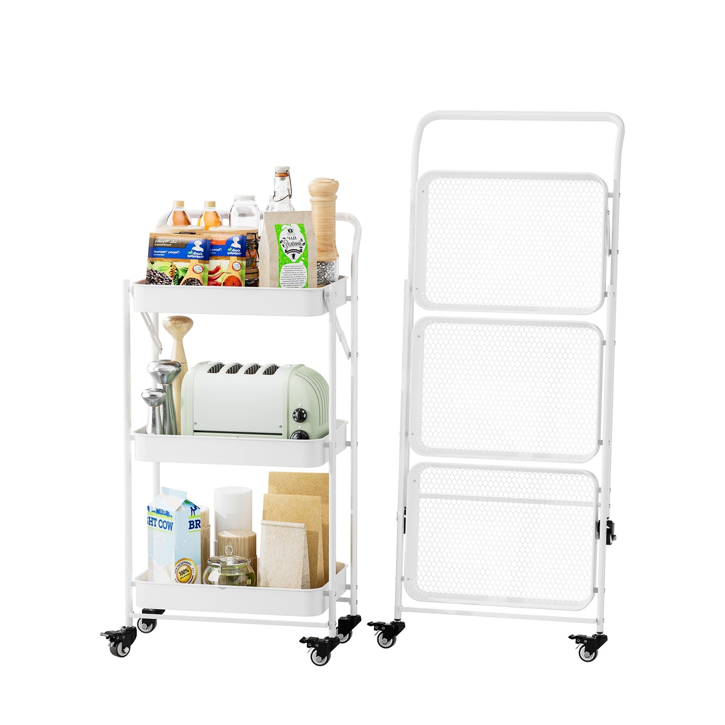 JAQ Foldable Rolling Cart, 3-Tier No Assembly Metal Utility Cart with Handle, Heavy Duty Folding Storage Trolley Organizer on Wheels for Kitchen, Office, Craft Art, Baby Diaper, Snacks, Books, White