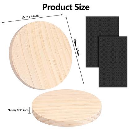 Adrattnay 64Pcs Unfinished Wood Coasters, 4" Round Wooden Coasters Tabletop Protection with Non-Slip Dot for Drinks, 9mm Blank Wood Coasters Bulk for Laser Engraving Painting Wood Burning Crafts