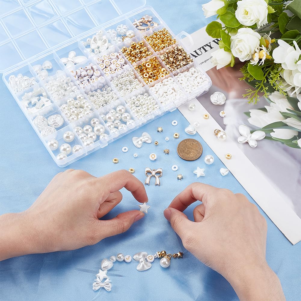 BEAMARKER 1443Pcs Assorted Pearl Beads Bracelet Making Kit Flower Bow Butterfly Star Heart Round Alphabet Gold Spacer Bead Acrylic Alloy Enamel Clay Charms Pendants for DIY Jewelry Bracelet Necklace
