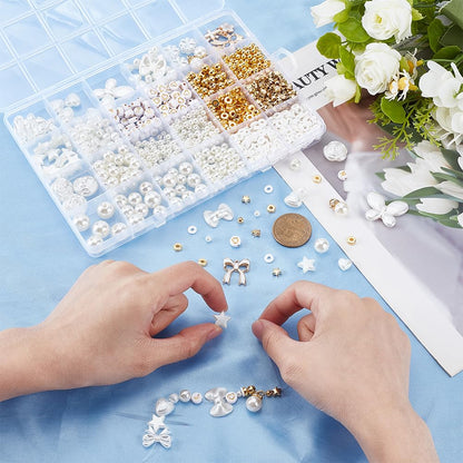 BEAMARKER 1443Pcs Assorted Pearl Beads Bracelet Making Kit Flower Bow Butterfly Star Heart Round Alphabet Gold Spacer Bead Acrylic Alloy Enamel Clay Charms Pendants for DIY Jewelry Bracelet Necklace