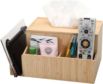 Bamboo Tissue Box Holder & Tablet Stand Organizer - Compartments for iPad, Phones, Remote Controls, Notepads, Pens