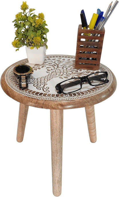 3) VANIYA CRAFTS Wooden Engraved Fold-able Side Table/End Table/Plant Stand/Stool for Living Room Bedroom Restaurant