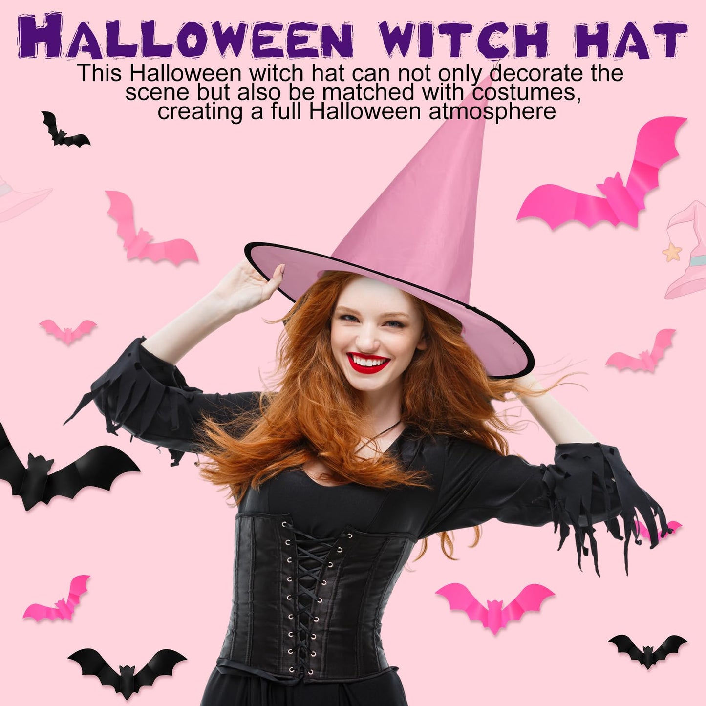 Soulchen 67 Pcs Pink Halloween Decorations Hanging Set 12 Pink Halloween Witch Hats Hanging Scary Ghosts Decor 48 Spooky Bats Wall Stickers 108 ft Rope for Home Front Door Party Ceiling Yard Indoor