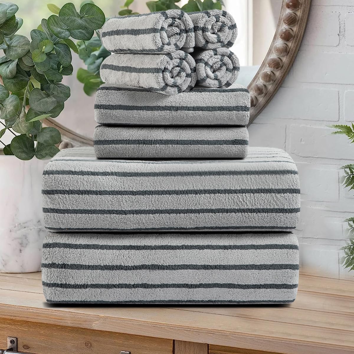 8 Set Sheet-2 Towels,2 Towels,4 Oliven Pcs Gray Cabana Stripe Bath Towel Oversize Bath Bathroom Hand Washcloths Soft