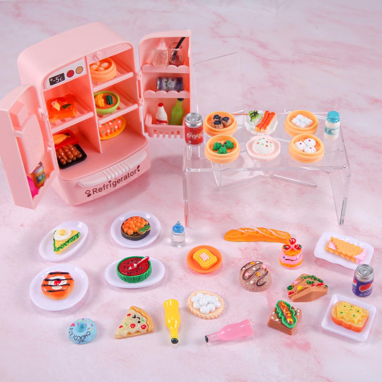 95 Pcs Dollhouse Refrigerator Mini Fridge Table Dining Car Toy with Food Set Kitchen Furniture Miniatures Party Fruits Juice Milk Desserts for Children Drink Cake Pretend Play Game Fake Ice Cubes