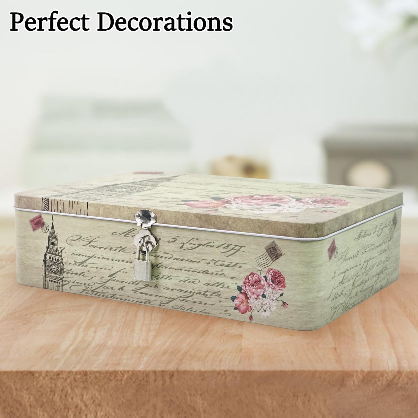 DreamsEden Decorative Keepsake Box with Hinged Lid and Small Lock, Large Letter Size, Tin Sheet Metal - Storage Memory Box for Keepsakes, Cards, Letters, Seed, Kids Gifts